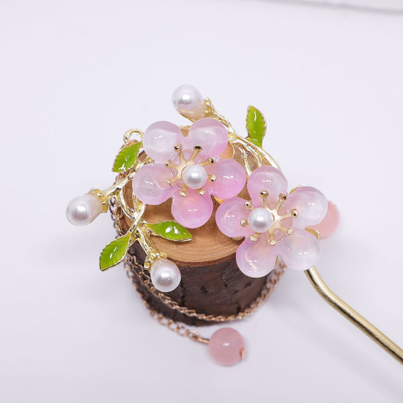 Pink Double Flower Fringe Hairpin
