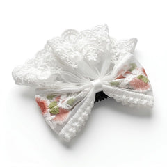 Flower Embroidered White Bow Clip