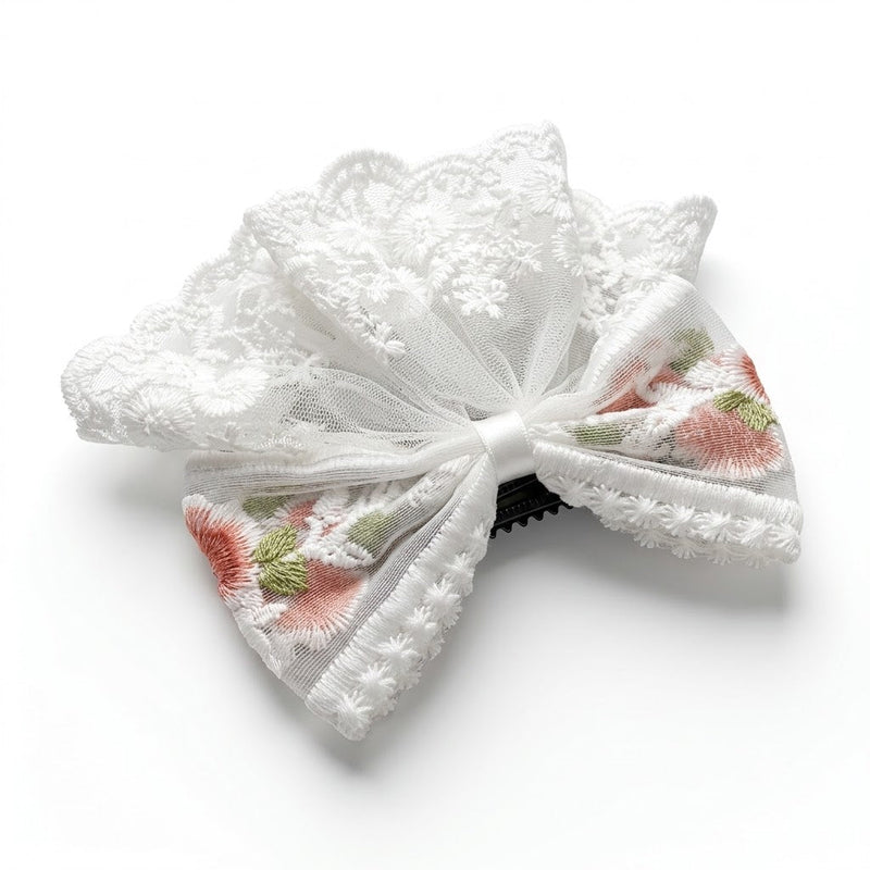 Flower Embroidered White Bow Clip