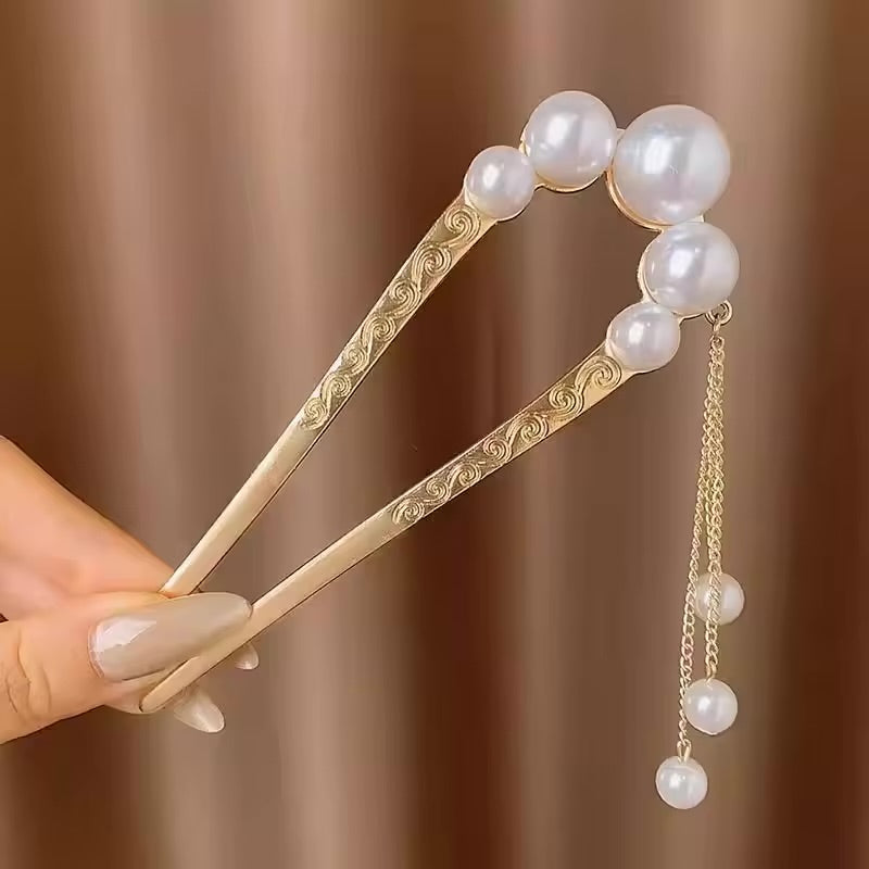 Gold U-Shaped Pearl Hair Fork with Tassel Chains
