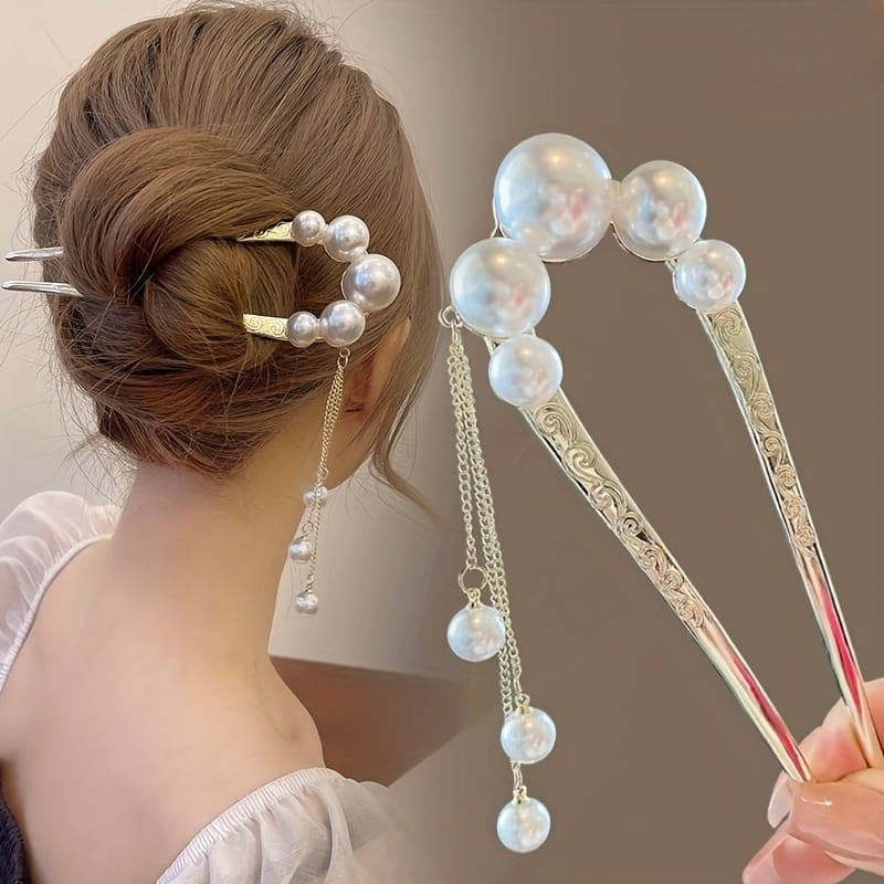 Gold U-Shaped Pearl Hair Fork with Tassel Chains
