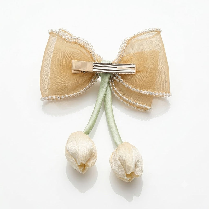 Pastel Organza Tulip Tassel Bow Clip