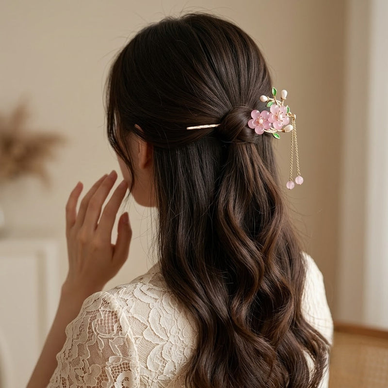 Pink Double Flower Fringe Hairpin