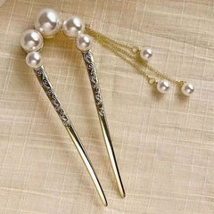 Gold U-Shaped Pearl Hair Fork with Tassel Chains
