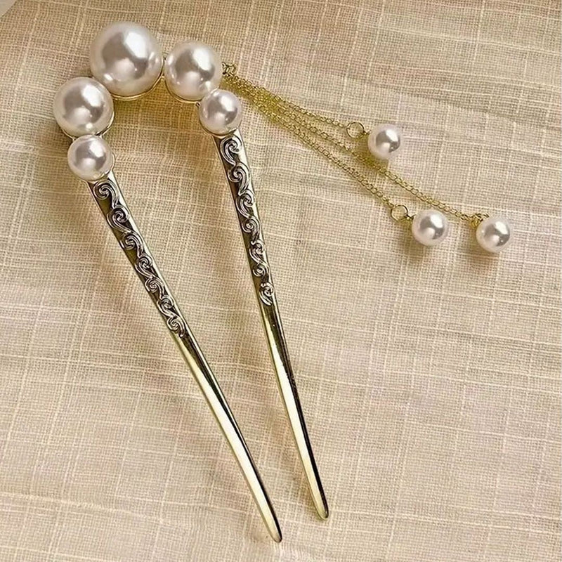 Gold U-Shaped Pearl Hair Fork with Tassel Chains