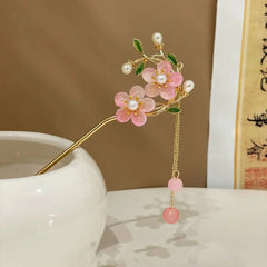 Pink Double Flower Fringe Hairpin