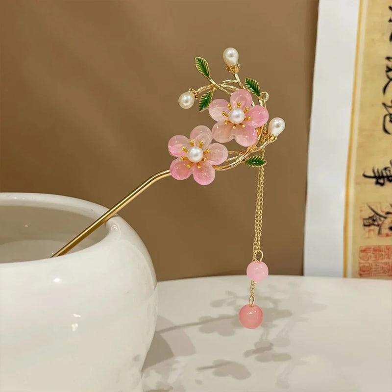 Pink Double Flower Fringe Hairpin