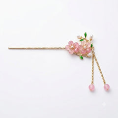 Pink Double Flower Fringe Hairpin