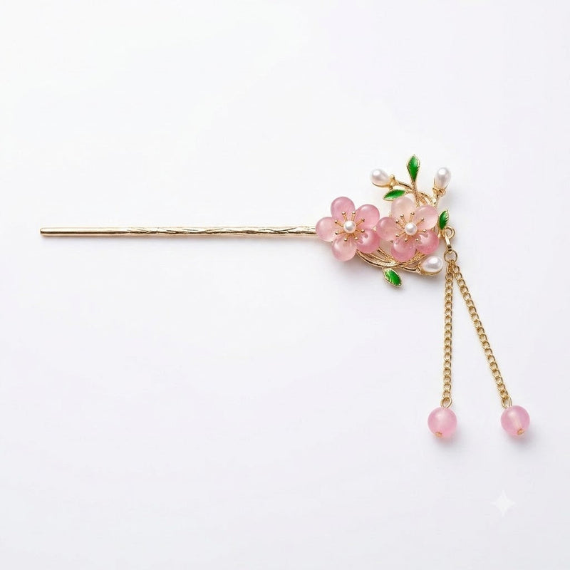Pink Double Flower Fringe Hairpin